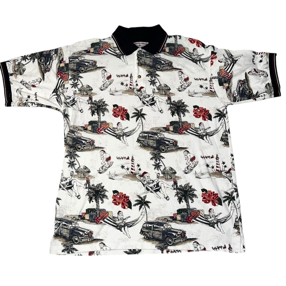 Boca Classics men's Polo tropical  Christmas beach Florida Santa AOP size large